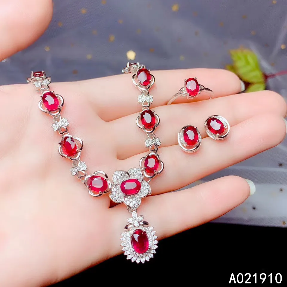 

KJJEAXCMY boutique jewelry 925 sterling silver inlaid Natural ruby Ring Necklace Earring Suit Support Detection noble