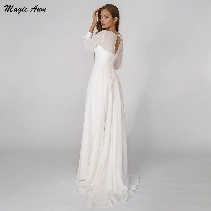 Magic Awning Lengan Panjang Chiffon Pernikahan Gaun Boho V-Neck Ilusi Sisi Split Pantai A-Line Sederhana Mariage Gaun Vestido Boda