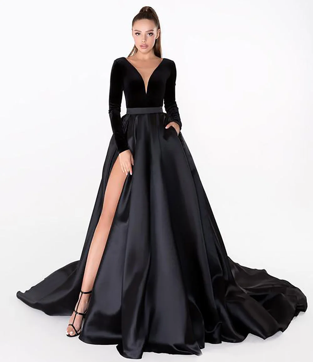 

Black Evening Dresses V Neck Velvet A Line Sweep Train Satin Skirt Long Sleeve Cheap Prom Dress Sexy High Split Formal Occasion