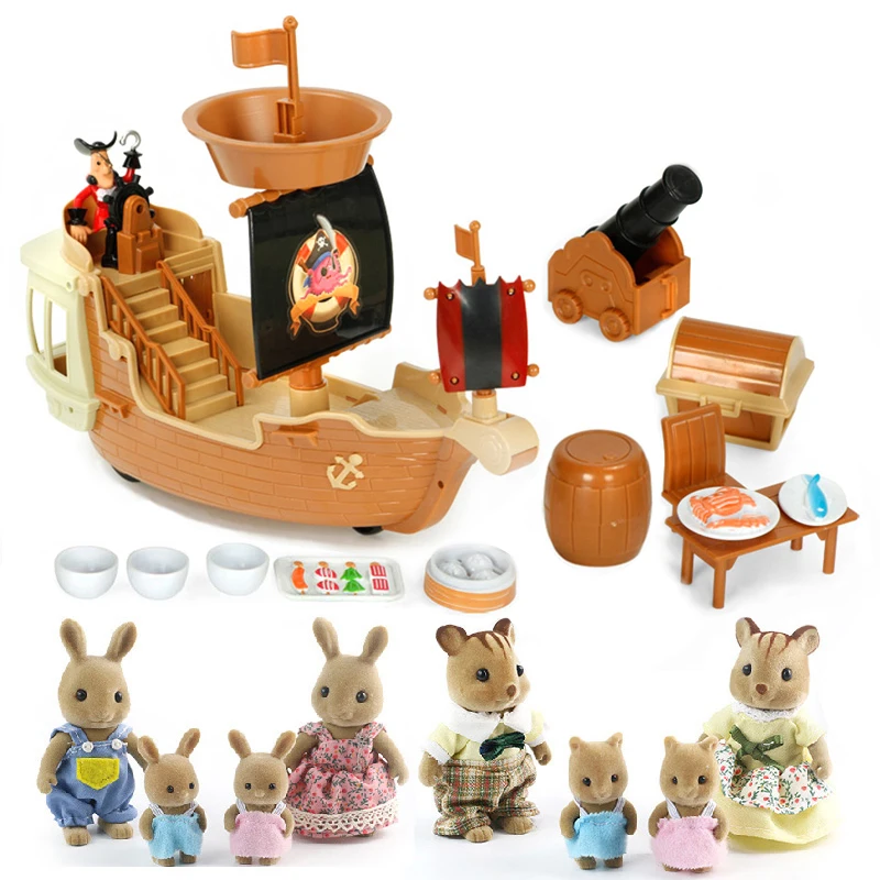 

1:12 Forest Animal Family Seaside Series Pirate ship Adventure Set DIY DollHouse Accessories Bunny Panda Dolls Birthday Gifts