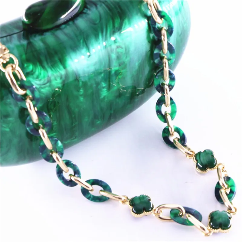 fashion design four leaf clover jewelry green resin acrylic resin bag chain handle