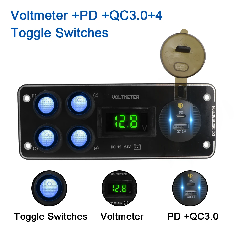 Panel przełączników LED 24V 12V 4-przyciskowy przełącznik światła Ładowarki USB 3.0 Akcesoria samochodowe do łodzi Przyczepa kempingowa RV Ciężarówka Przyczepa Off Road 4x4