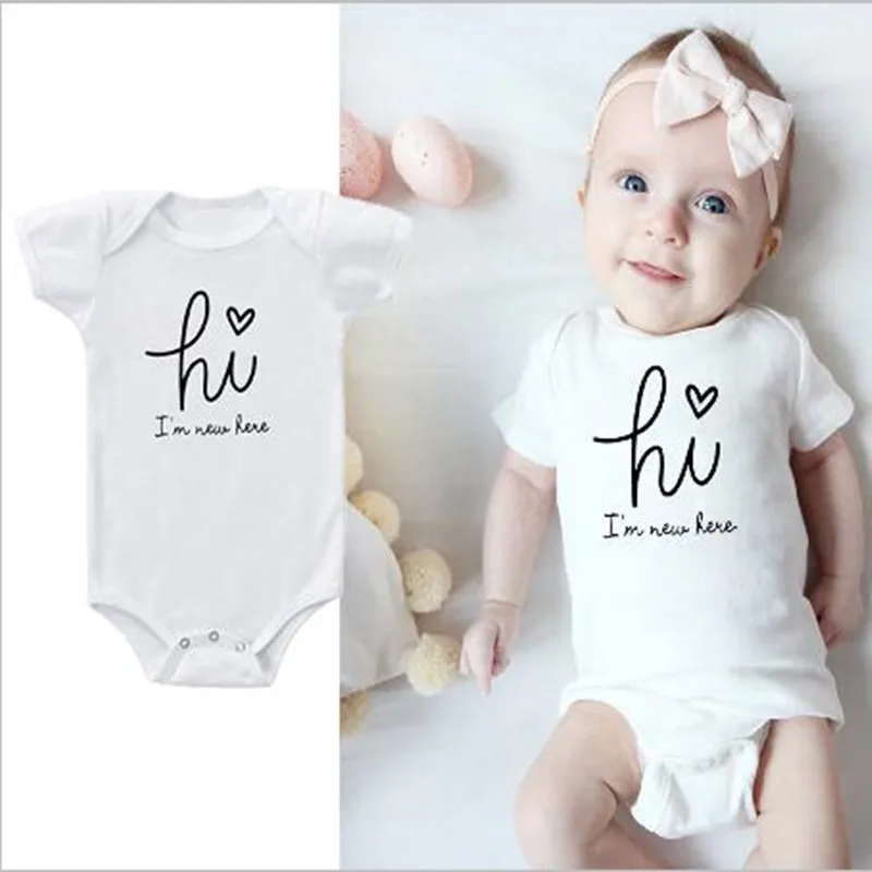 Hi I'm New Here Summer New Baby Bodysuit Boys Girls Short Sleeve Letter Print Cute Cotton Romper Body Baby Clothes Outfits