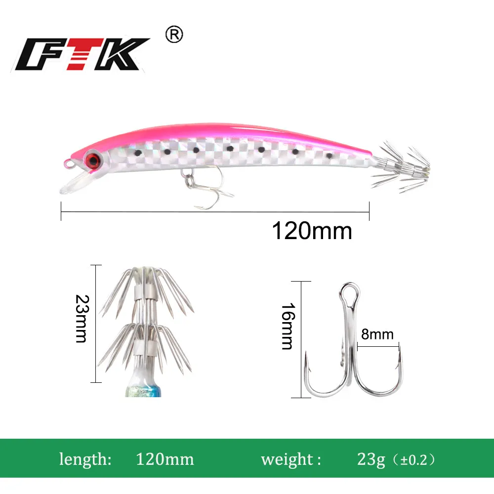 FTK Minnow Wobblers señuelo de pesca 120mm 23g anzuelo de calamar ojos 3D madera camarones mar cebo Artificial duro