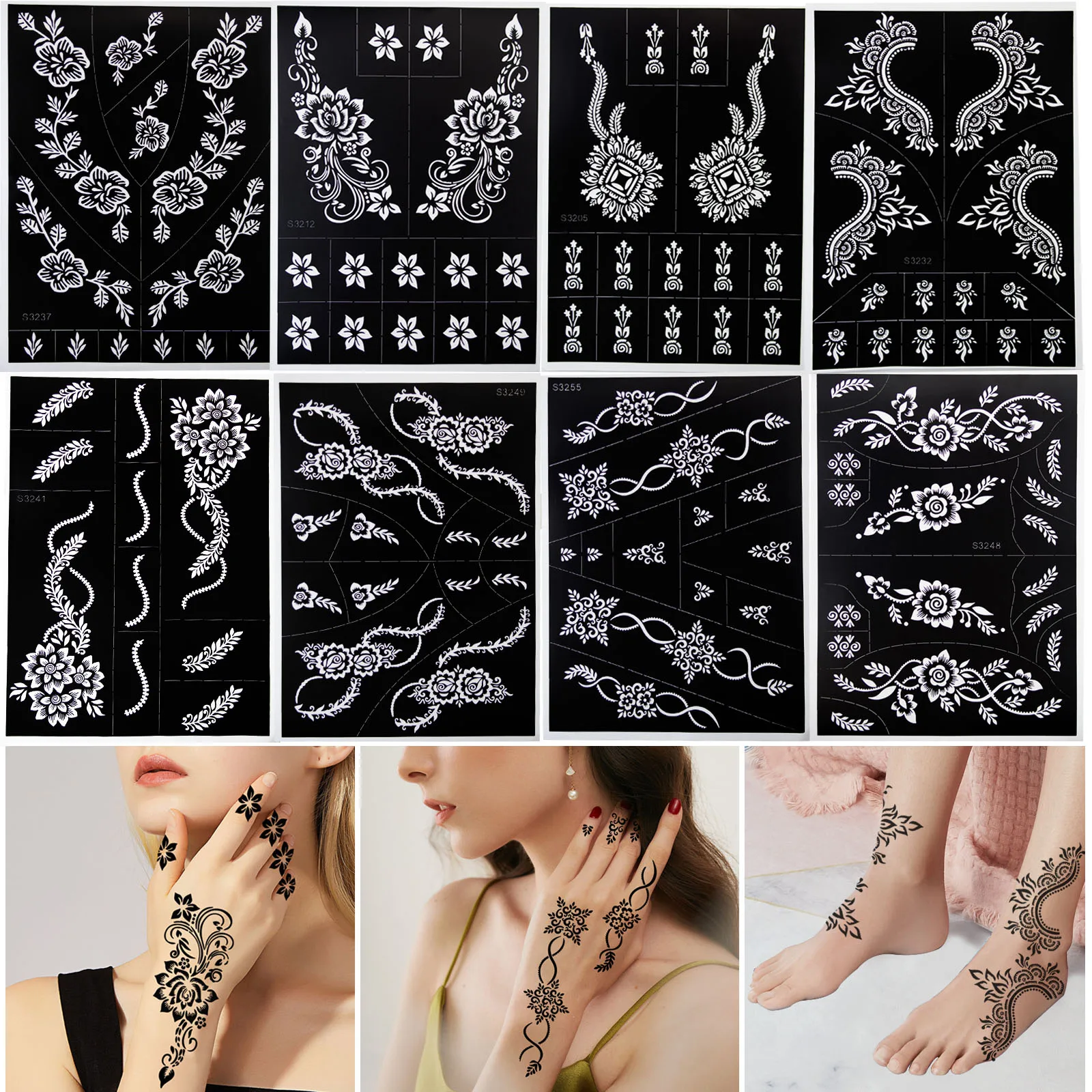 

8 Sheet Airbrush Henna Tattoo Stencils Set for Hand Body Art Painting Temporary Tattoo Sticker 24 * 17 CM