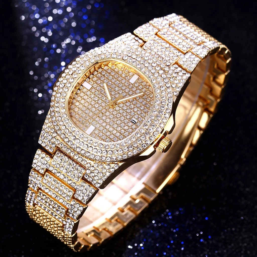 

Men Full Diamond Iced Out Watches With Date Casual Luxury Male Bracelet Rhinestone Wristwatches Relogio Masculino