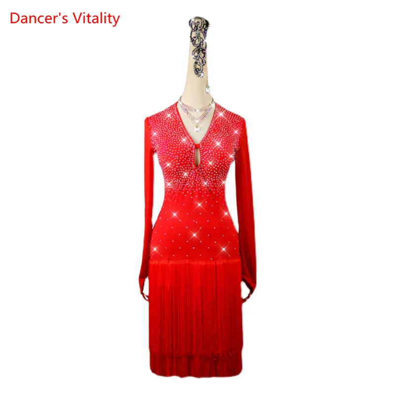 Vestido de dança latina para adultos e crianças com decote em v, saia diamantada com borla, roupas de performance, mangas compridas, roupas de competição