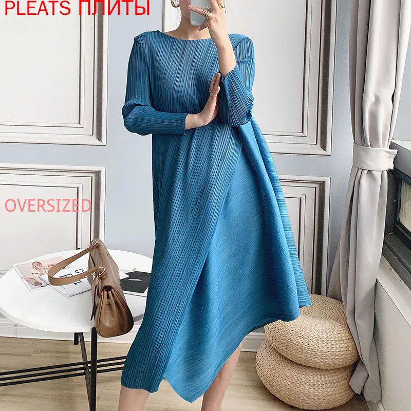 Miyake Pleated Dress Long Irregular Long Dresses New Temperament Long Sleeve Pleated Vestido De Mujer Robes