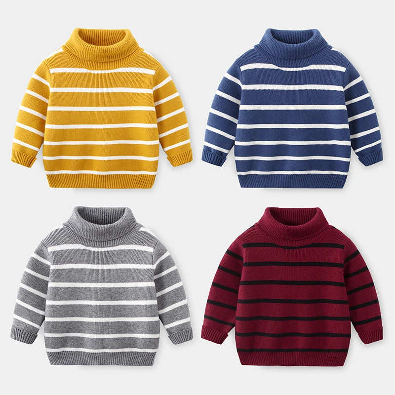 New 2024 Cold Winter Warm 2 3 4 6 8 10 Years 90-140cm Thickening High Neck Knitted Turtleneck Striped Sweater For Baby Kids Boys