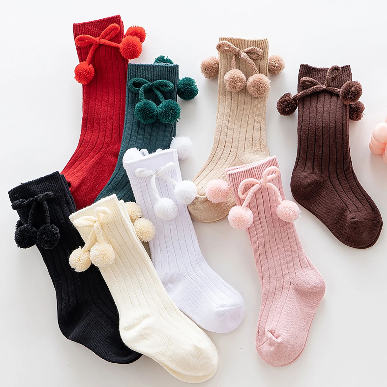 0-4Y Unisex Bé Dễ Thương Pompom Trang Trí Chắc Chắn Ấm Tất Co Giãn Đầu Gối Cao Dài Pom Tất Dệt Kim Tất Cho Bé Tập Đi Trẻ Em vớ