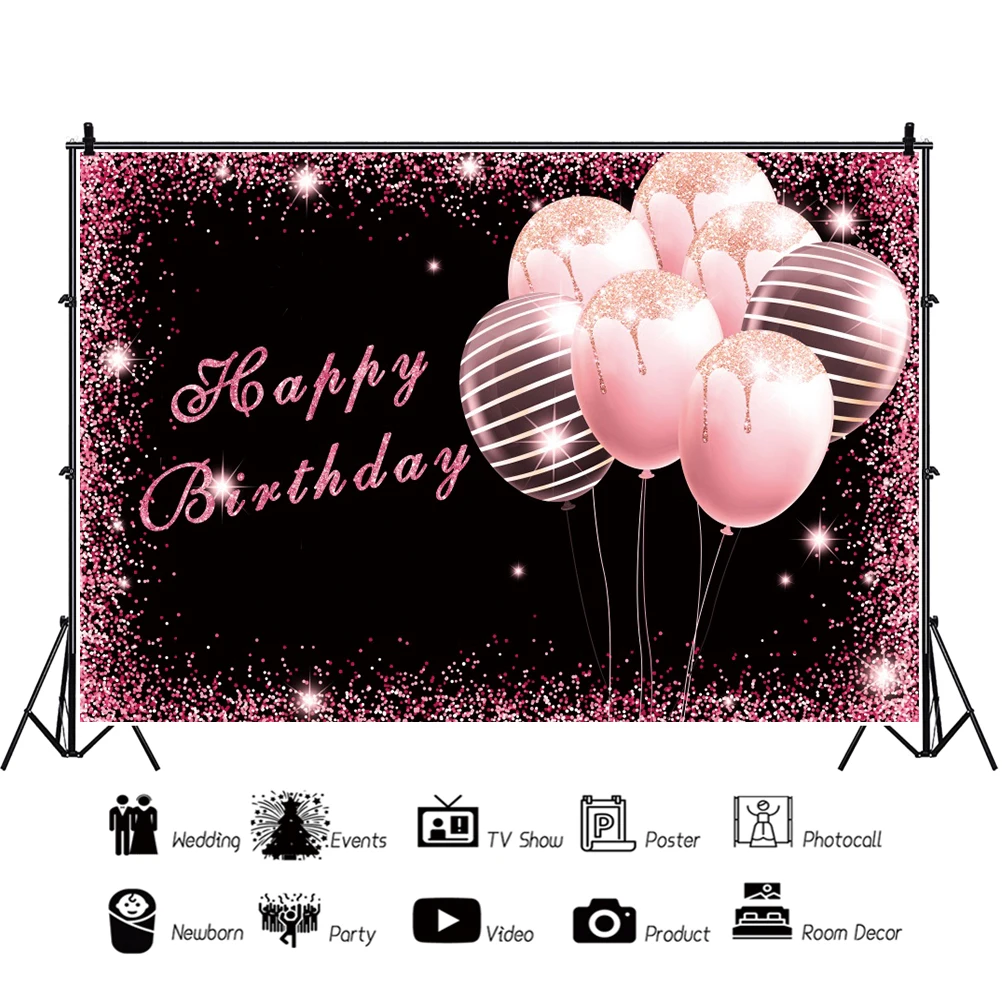 Laeacco fondali neri per fotografia festa di buon compleanno palloncini glitter rosa Banner personalizzati Poster sfondi fotografici
