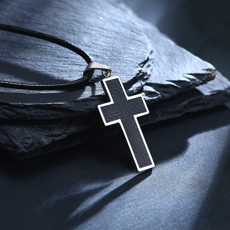 Cross Necklace Men, Black Carbon Fiber Latin Cross Pendant, Stainless Steel Edges Pendant Gentleman Jewelry