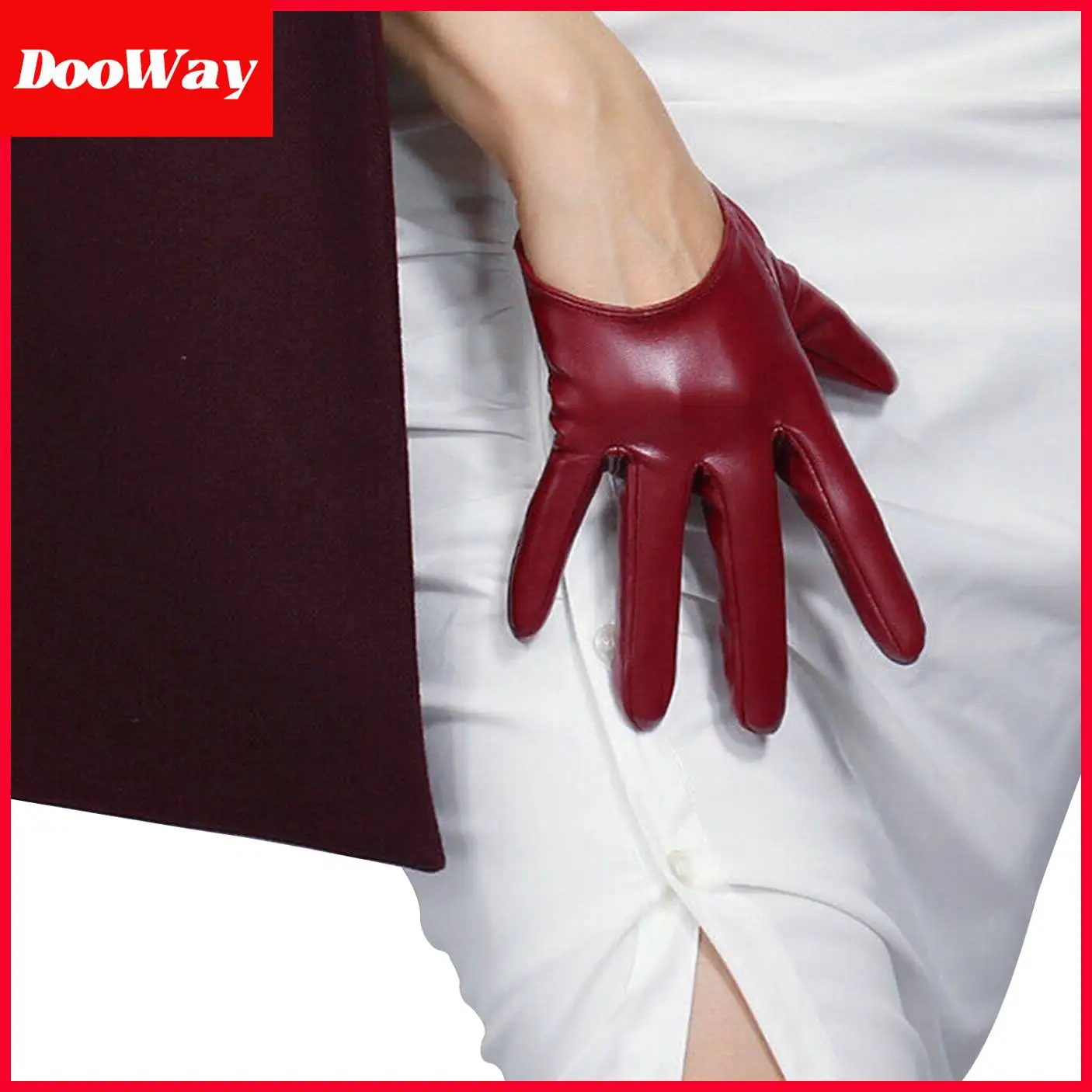 DooWay Women\'s Burgundy Latex Gloves Extra Short Half Palm 5-inch Faux Lambskin PU Dark Red Party Cosplay Evening Dressing Glove