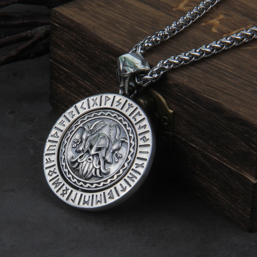 Real 925 Sterling Silver Zeus and Rune rotating Viking Pendant necklace with chain and wooden box as gift