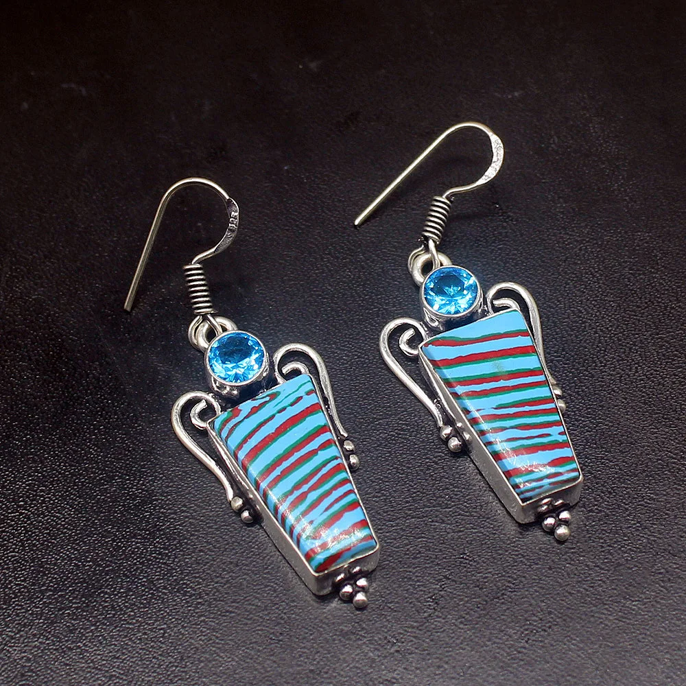 

Gemstonefactory Big Promotion Single Unique 925 Silver Stripe Jasper Blue Topaz Women Ladies Gifts Dangle Drop Earrings 20211934