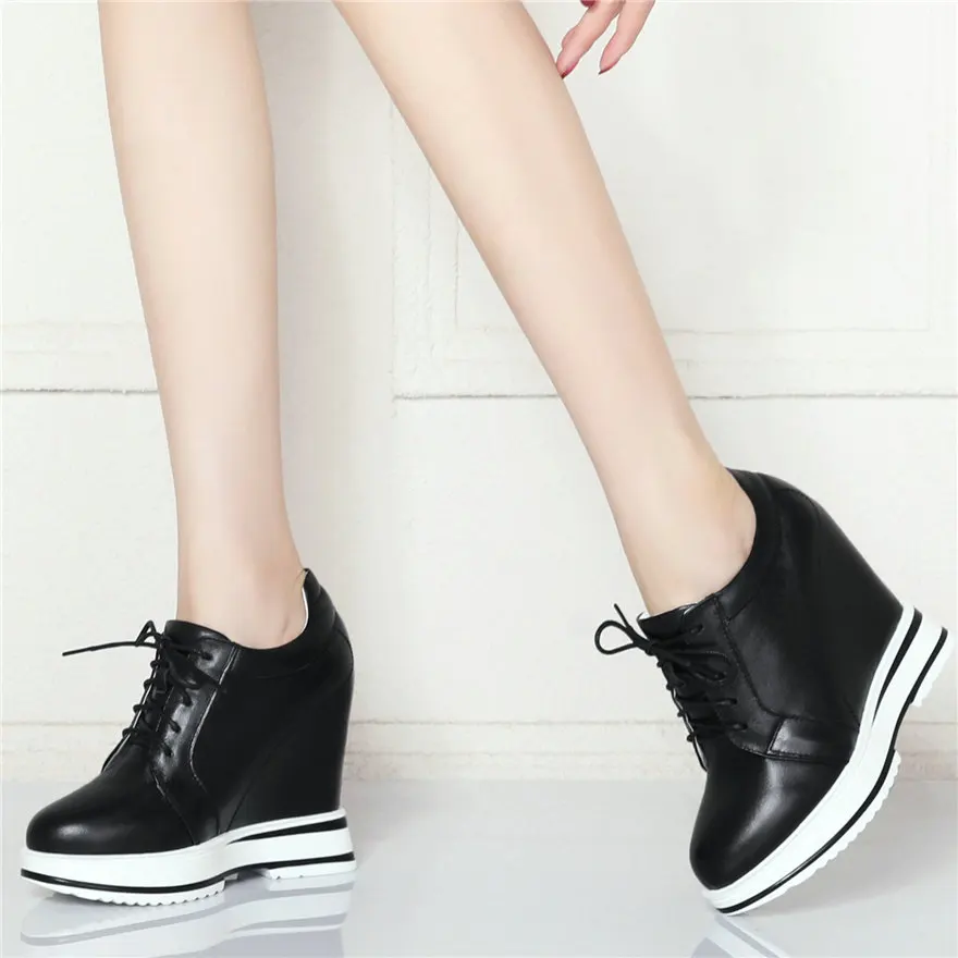 Fashion Sneakers Women Lace Up Cow Leather Wedge High Heel Vulcanized Shoes Female Round Toe Platform Oxfords Shoes Casual Shoes