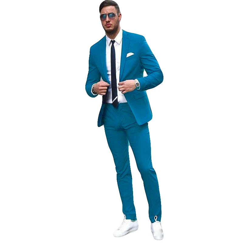 

2021 New Smart Casual Sky Blue Business Mens Suits Slim Fit Terno Masculine MaleTwo Button Men Formal Suit 2 Pieces Set