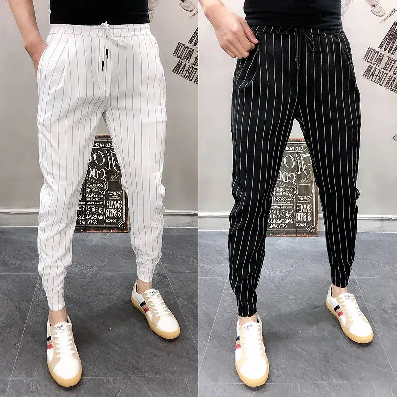 Idopy Men`s Harem Pants Striped Black White Hip Hop Night Club Tapered Pencil Pants Trousers For Male