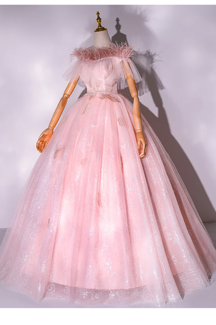 pink fur slash collar ball gown beading medieval dress sissi princess Medieval Renaissance Gown Victorian Belle ball