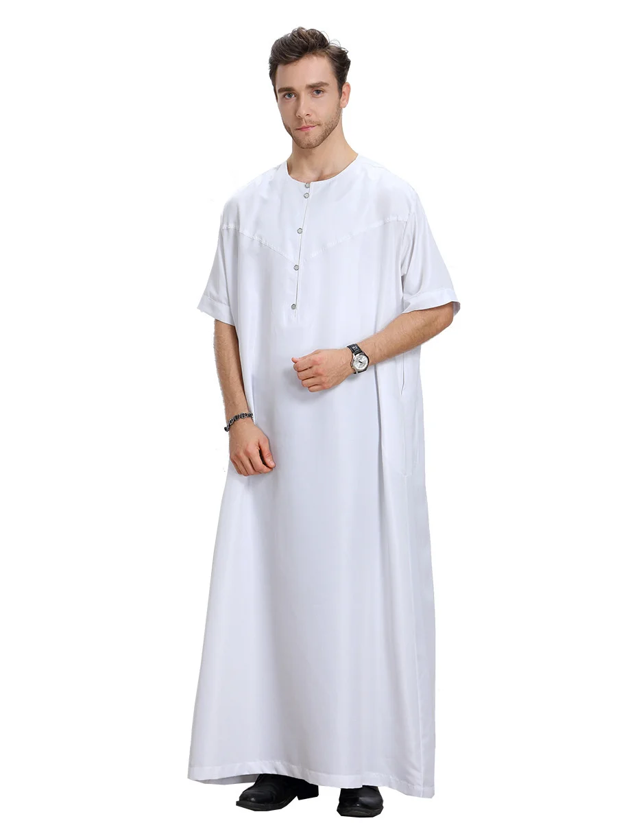 Summer Muslim Moroccan Short Sleeve Islamic Men\'s Round Collar Solid Color Robe Arabic Kaftan Saudi Dubai Clothing Worship Abaya