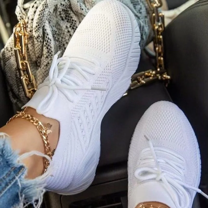 

Women White Shoes Thick Bottom Sneakers Solid Plus Size Women's Shoes Comfortable Breathable Summer Outdoor Ladies Lace Up Flats