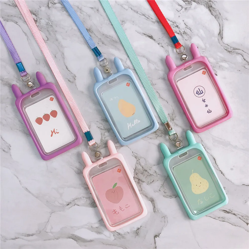 Amabro 2 STKS Fotokaart Houder, Leuke Cartoon Beer Bunny ID Badge Kaarthouder PC Houder Idol Bank Creditcard Case Student Bus Card Hanger