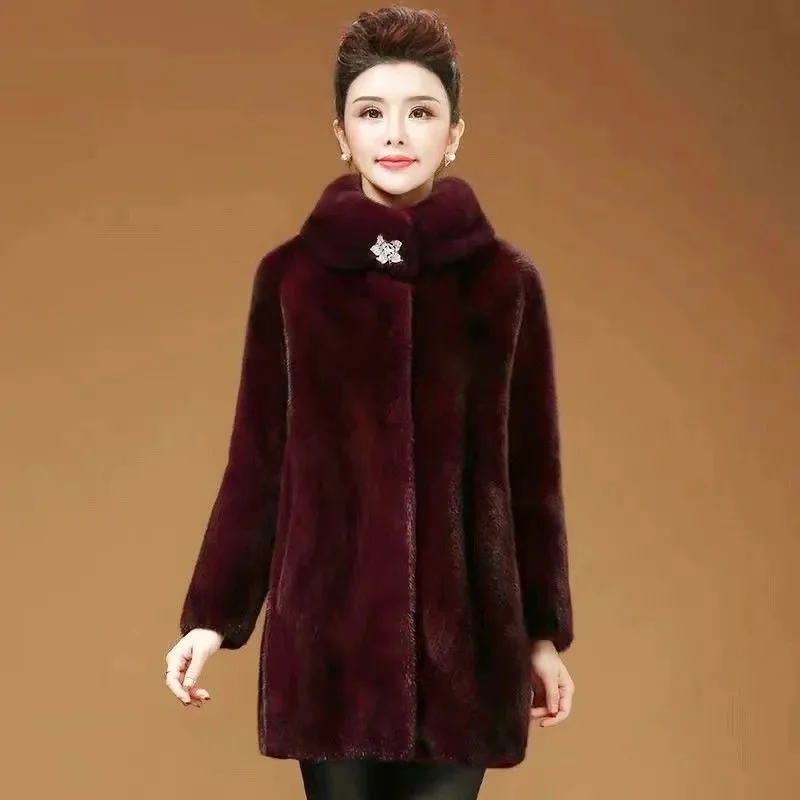 Abrigo de piel de visón entero para mujer, Color sólido, imitación de terciopelo, longitud media, traje de madre, vino tinto, A663, invierno, nuevo,
