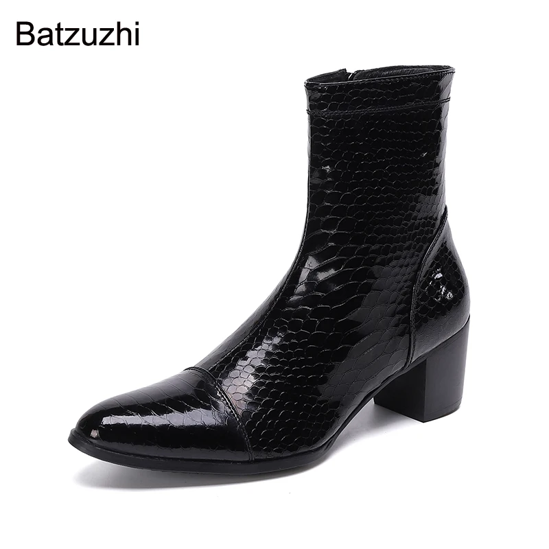 Batzuzhi Handsome Men Boots 7cm High Heels Genuine Boots Men Black