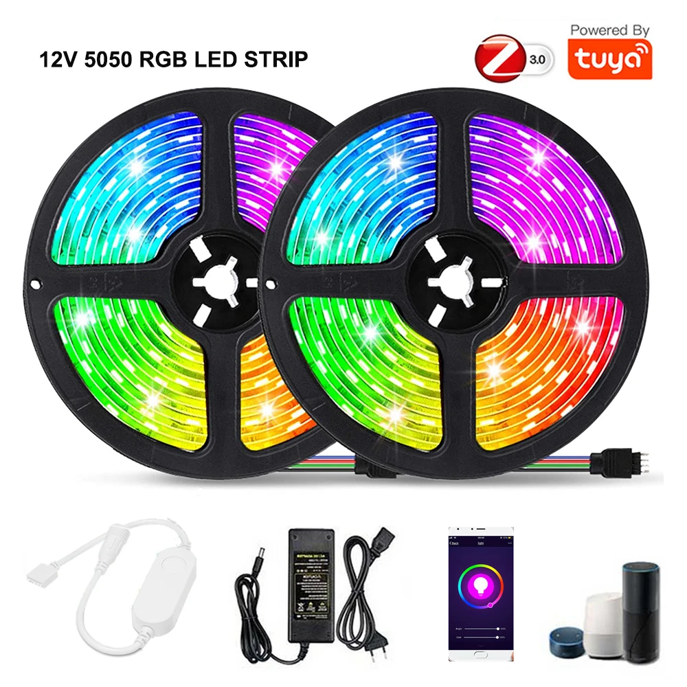 

TUYA Zigbee LED Controller DC12V 5m 10m RGB Led Strip 5050 Dimmable Light Power Adapter KIT Echo Plus Google Home Voice Control