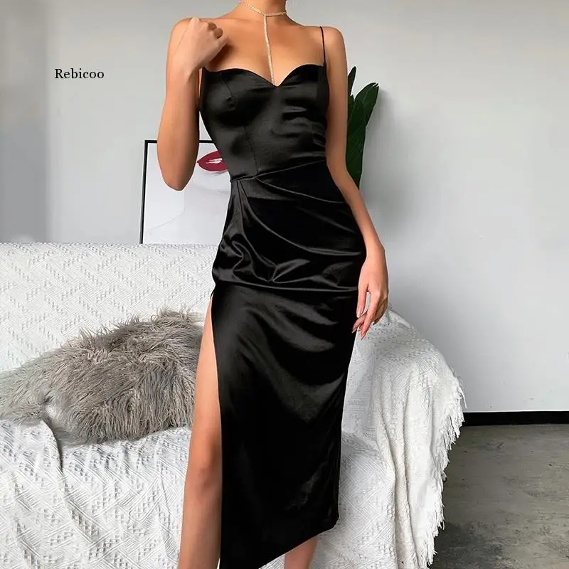 

Women Sexy High Split Spaghetti Strap Dress Vintage Pleated Slim Party Dresses Fashion Backless Mid-Length