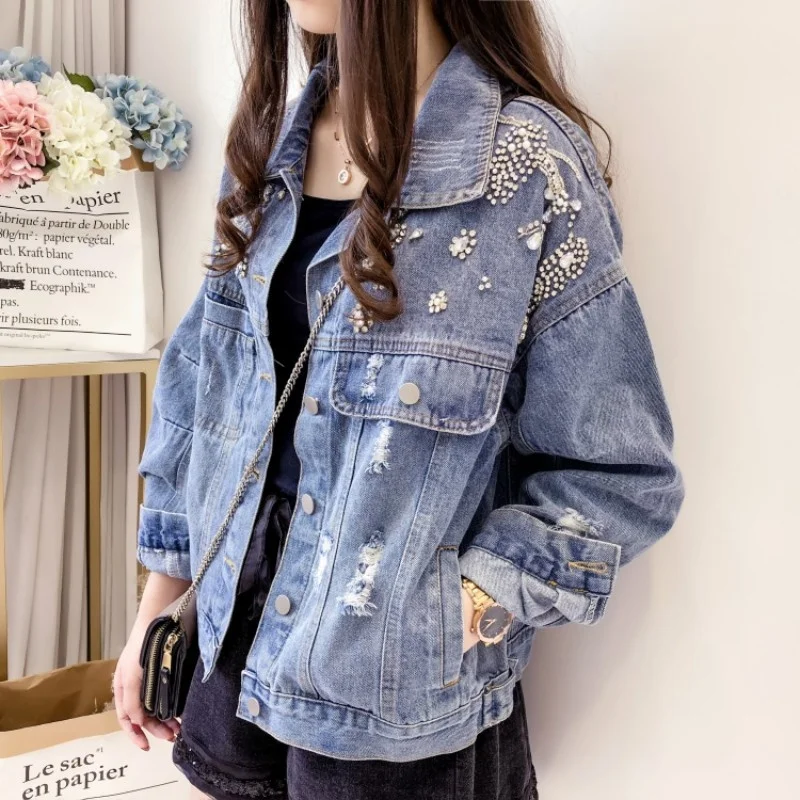 

Beading Fashion Denim Coat Women Autumn Vintage Loose Frayed Jacket College Style Single Breasted Diamond Blue Cowgirl Jacket