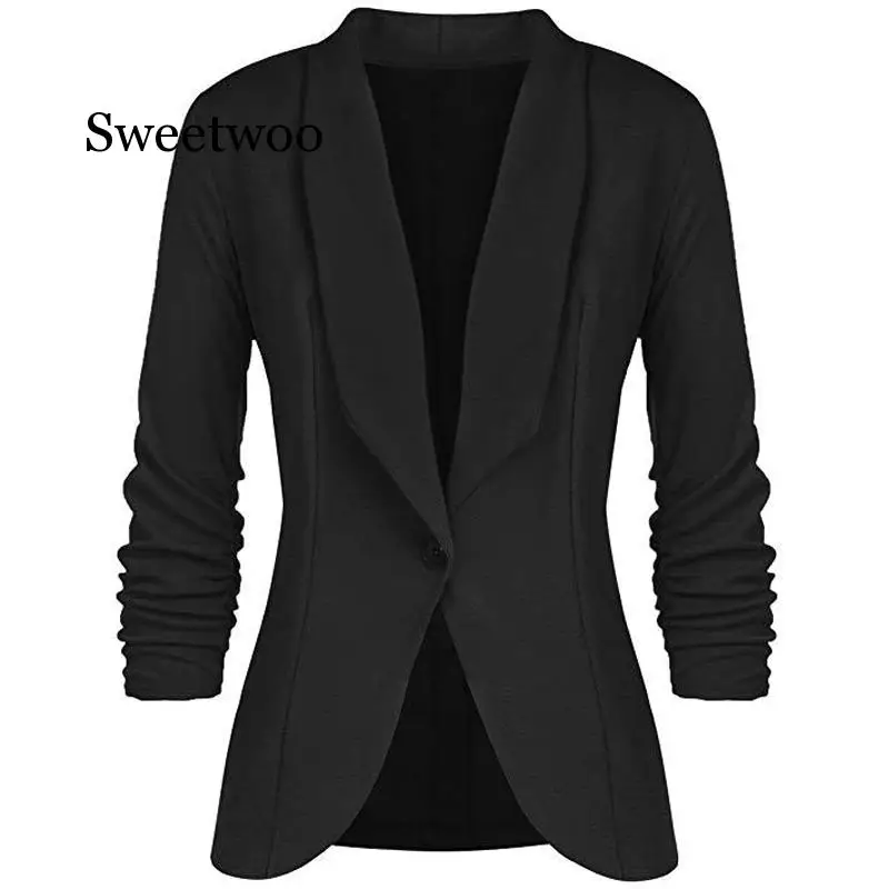 Office Lady Blazers Coat Solid Long Sleeves Cardigan Button Casual Suit Navy Blue Draped Slim Cotton Women Blazer Jacket