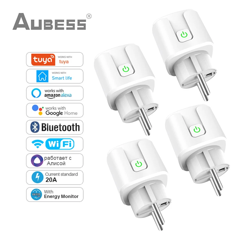 AUBESS Tuya WiFi EU Cắm Thông Minh 20A Điện Mornitor Tiết Kiệm Điện Hẹn Giờ Cuộc Sống Thông Minh Điều Khiển Giọng Nói Alexa Google nhà Alice