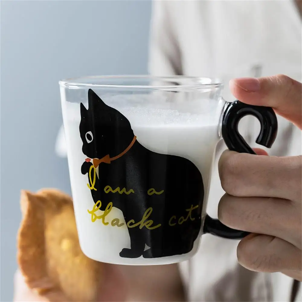 250 ml Cute Black Cat Glass Coffee Mug Set Handgrip Animal Shaped Milk Water Juice Mugs Tea Cup Japanese Style Kawaii Gift Home