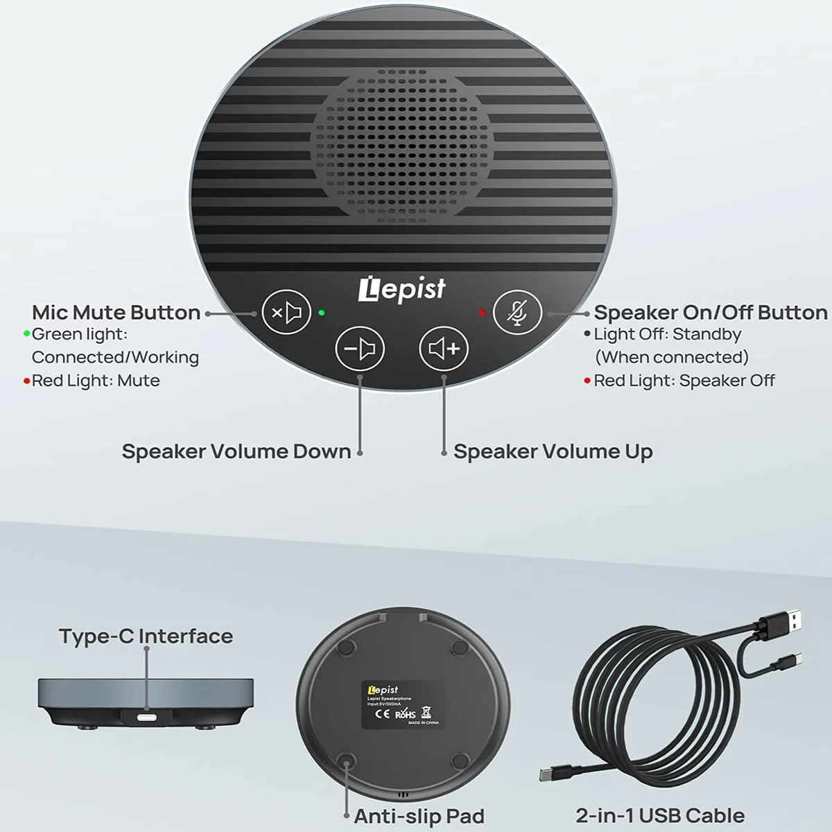Speaker Konferensi USB, Speakerphone, Speaker Mike Mobil, Mikrofon dengan Noise Cancelling, Kontrol Sentuh, Omnivora 360 °