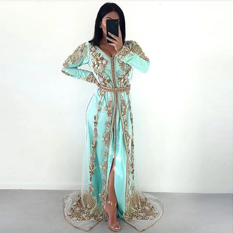 Blue Moroccan Kaftan Formal Evening Dresses Lace Appliques Arabic Muslim Vestidos Special Occasion Prom Dresses Custom karakou