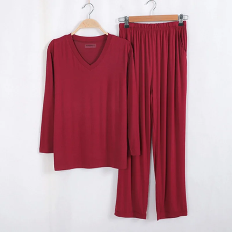 Conjuntos de pijama de manga comprida modal masculino, tops de primavera, calças, roupa de casa, respirável, sleepwear macio, plus size, 8XL