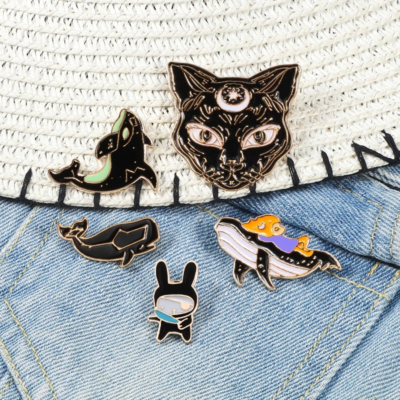 Animal Badge Enamel Pins Brooch Black White Cat Fish Monster Button Shirt Jackets Women Cute Brooches Kids Jewelry Accessories