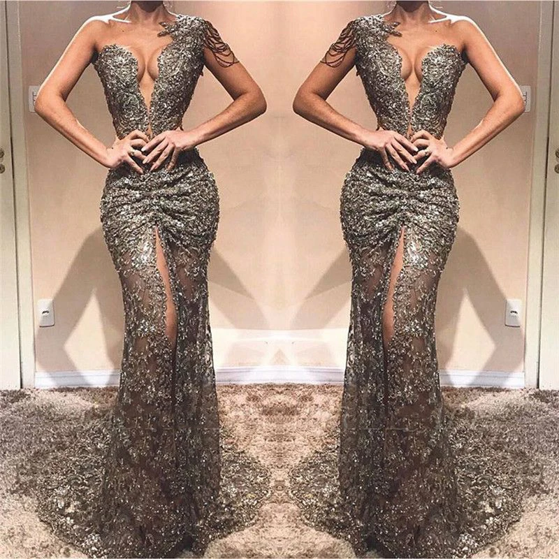 

Sexy Mermaid One-Shoulder Appliques Front Split Crystal Prom Dresses High Slit Sweetheart Long Evening Dress 2022 Party Gowns