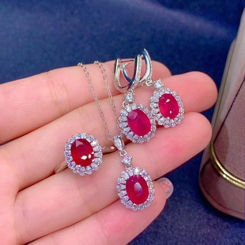 Natural New Ruby Gemstone Fine Wedding Jewelry Sets 925 Silver Earrings Ring Pendant Necklace Three-piece Suite