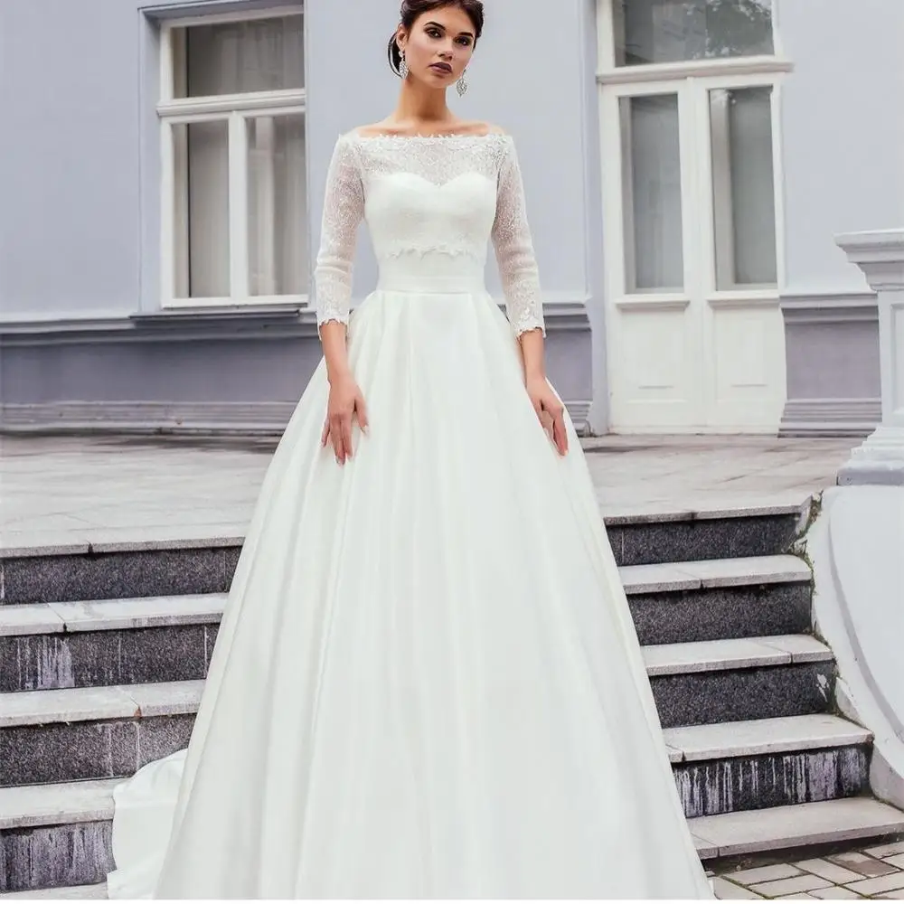 Abito da sposa a manica lunga 2021 abito da sposa a manica lunga con scollo a barchetta 2 iN 1 abito da sposa bianco iN raso bianco principessa Robe De Mariee