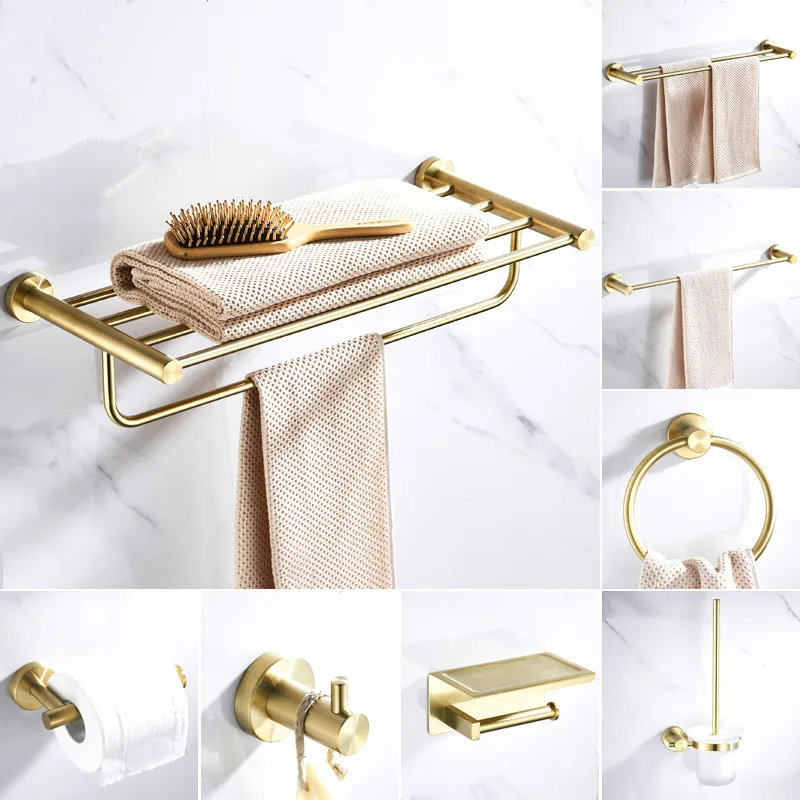 

304 Stainless Steel Bathroom Accessories Set Towel Rack Corner Shelf Paper Holder Toilet Brush Bath Hardware Set Brushed Gold