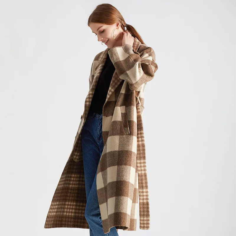 Winter Wool Coat Women Autumn Clothes 2020 Korean Elegant Plaid Long Woolen Jacket Ladies Vintage Belt Cashmere Coats 009