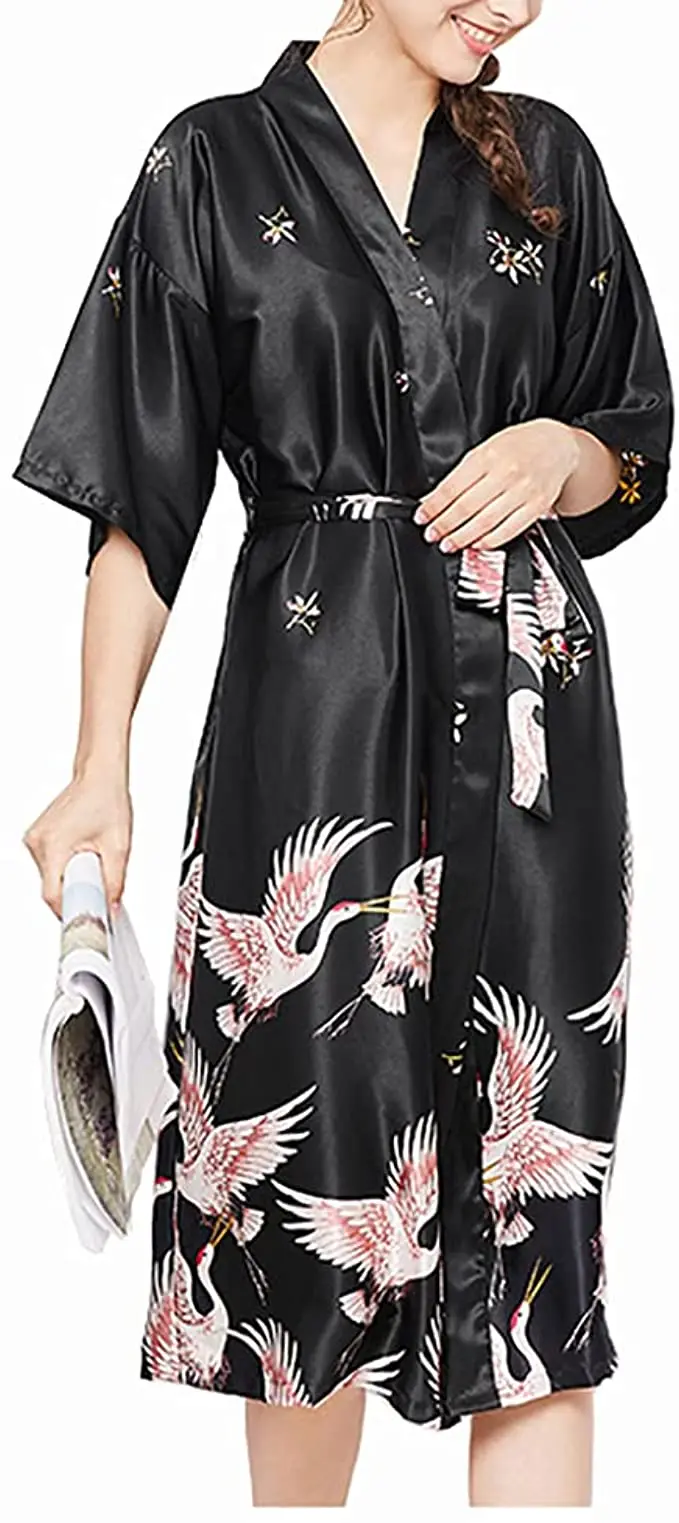 Albornoz tipo kimono de seda para mujer, túnicas de seda estilo Kimono con estampado floral, conjunto de noche cómodo disponible en talla grande XXXL