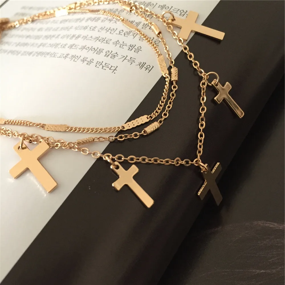 New Trendy Cross Charm Dangle Layered Necklace For Women Girl Ester ThanksGiving Statement Decoration Bohemia Chirstian Jewelry