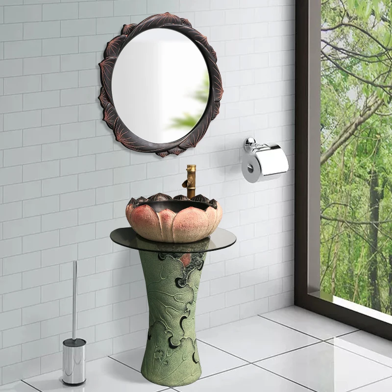 New Chinese Lotus Pedestal Basin Bathroom Balcony Integrated Floor-Standing Small Zen Courtyard Outdoor Basin Small Apartment