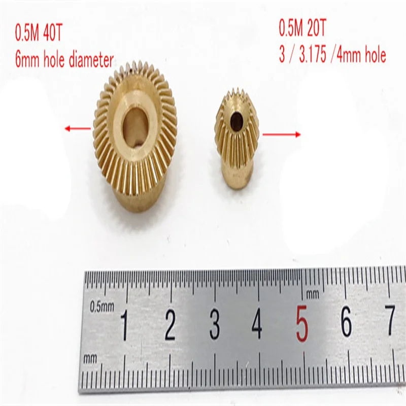 0.5M 1:2 Reducer Bevel Gear 20T 40T 20 Teeth 40 Teeth Copper 90 Degree Angle  Small Gear Hole 3 MM/4 MM Large Gear Hole 6MM