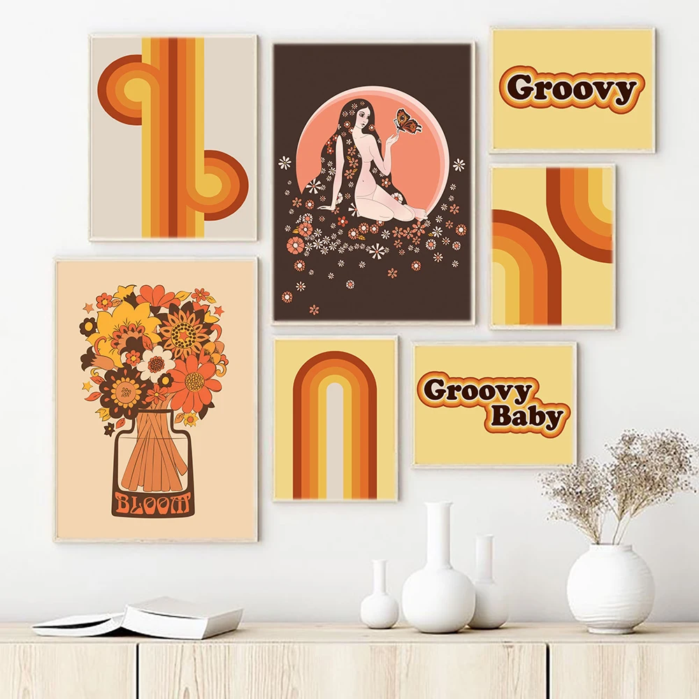 

70s Цветочная ваза Ретро настенный постер Groovy Sway Художественная Картина на холсте картина на стену с изображением бабочки королевы космоса п...