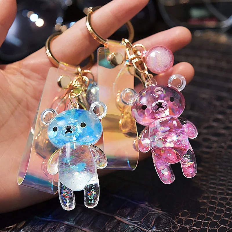 Bonito líquido glitter urso areia movediça lantejoulas chaveiro dos desenhos animados animal líquido chaveiro saco pingente casais keyfob chaveiro