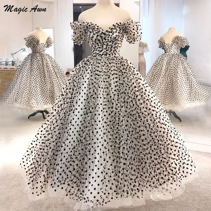 Magic Awn Vintage Prom Dresses Off The Shoulder Polka Dots Tulle Ankle-Length Ruched Midi Party Dresses Plus Size Evening Wear